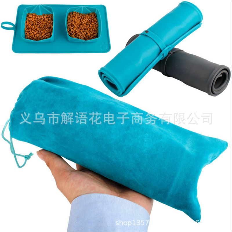 新款 户外宠物便携狗碗食 宠物碗硅胶折叠宠物碗 防滑双碗绒布袋