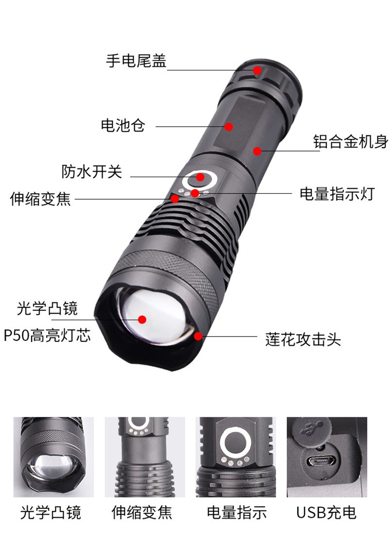 多功能led铝合金手电筒超亮伸缩变焦USB充电户外照明可显示电量详情图3