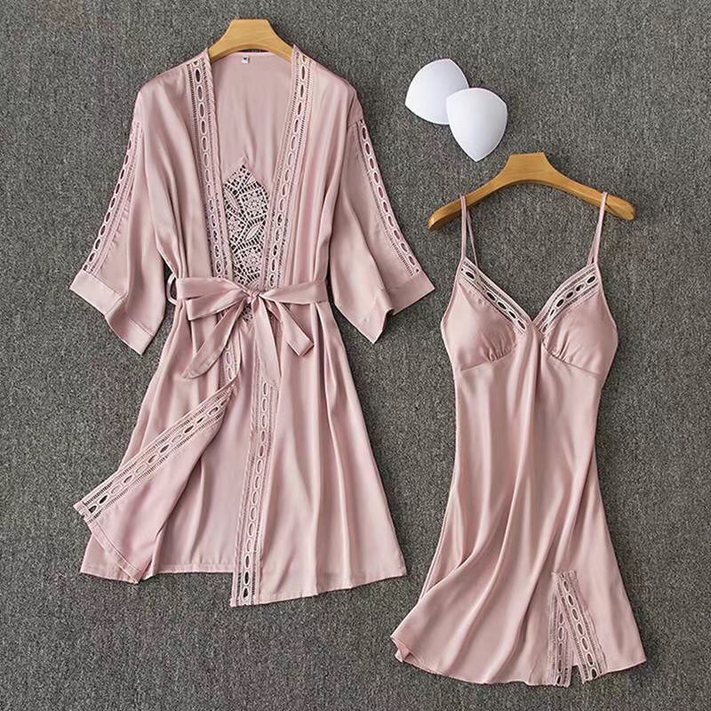 2020 new Victoria's Secret and Vito sexy pajama Women's halter top, chest cushion slit nightgown, two-piece set, silk home wear, seductive and romantic two-piece nightgown Application Scenario