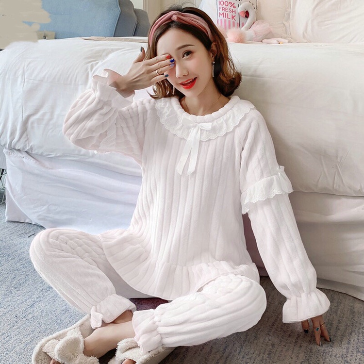 New coral fleece pajamas for women with fleece and thickened flannel princess style, sweet and cute home wear set for winter