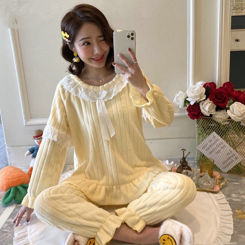 New coral fleece pajamas for women with fleece and thickened flannel princess style, sweet and cute home wear set for winter detail image 2
