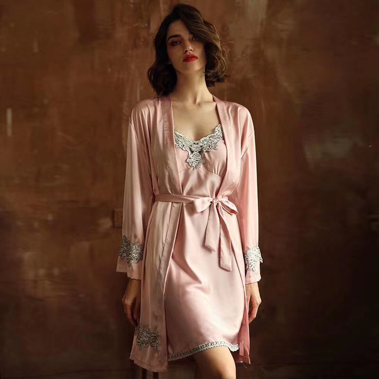 Fall's new Victoria's Secret Victoria sexy nightgown ladies halter belt with breast padding and split slit nightgown two-piece silk home wear seductive two-piece nightgown thumbnail