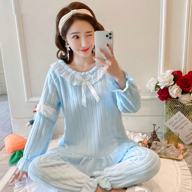 New coral fleece pajamas for women with fleece and thickened flannel princess style, sweet and cute home wear set for winter details Picture