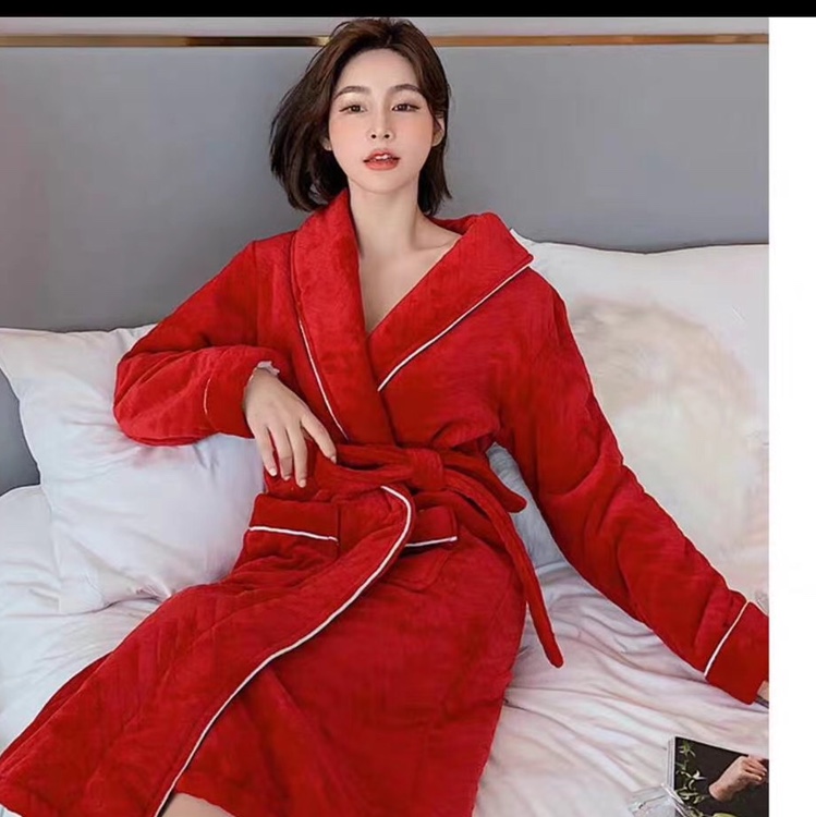 Bathrobe girl autumn winter long sleeves plus long sexy thick milk down student couples pajamas women gowns red wedding essential thumbnail
