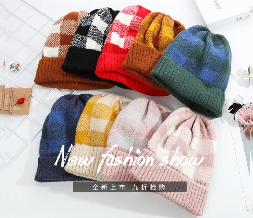 Hat Women Autumn Winter Simple Mixed Color Checkered Knit Hat Korean Sleeve Thickened Warm Korean Version Of All The Woolen Hat Tide Specification drawing