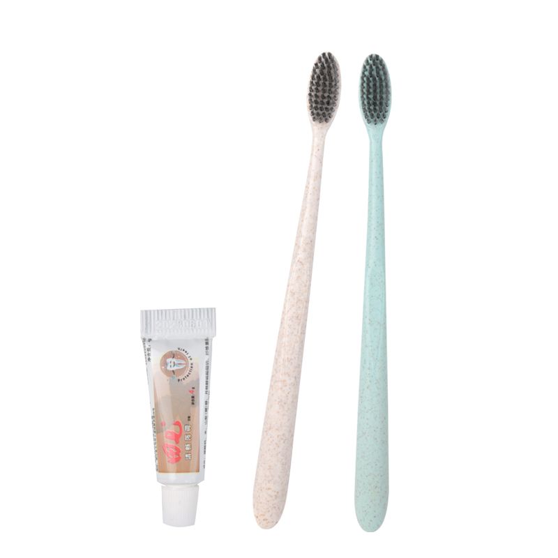 环保秸秆一次性牙刷牙膏二合一洗漱套装黑炭色软毛牙具现货供应白底实物图