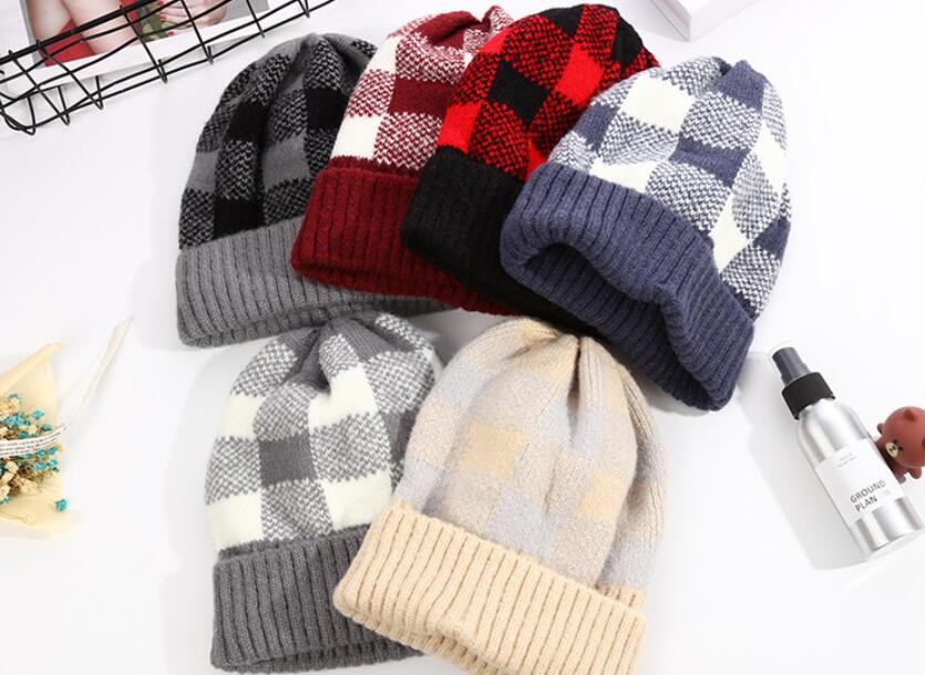 Hat Women Autumn Winter Simple Mixed Color Checkered Knit Hat Korean Sleeve Thickened Warm Korean Version Of All The Woolen Hat Tide full figure