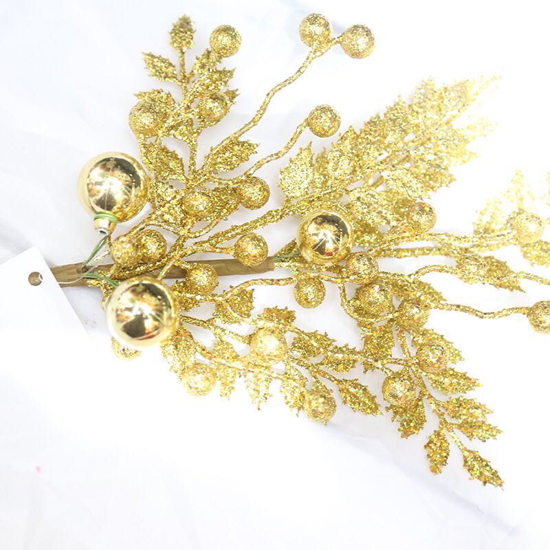 圣诞叶撒粉松针红果石榴金粉圣诞花小插枝花环壁挂装饰配件图