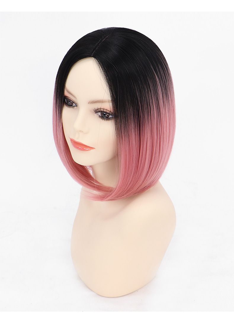 New European and American wig with a gradient trendy color of synthetic fiber dyed mid-split BOBO head full wig