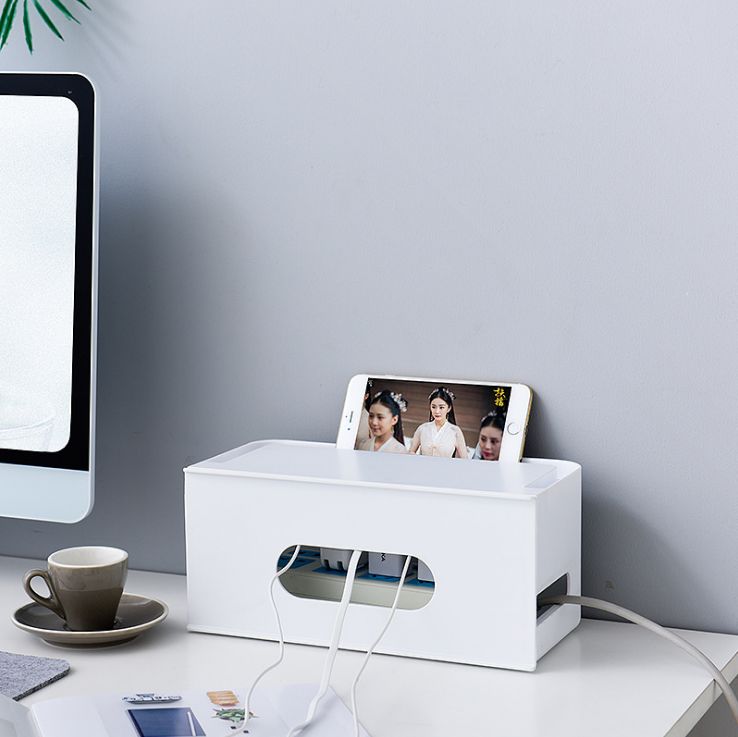 Pull-out desktop power cord storage and organization box, plastic power strip, power board and cable management box