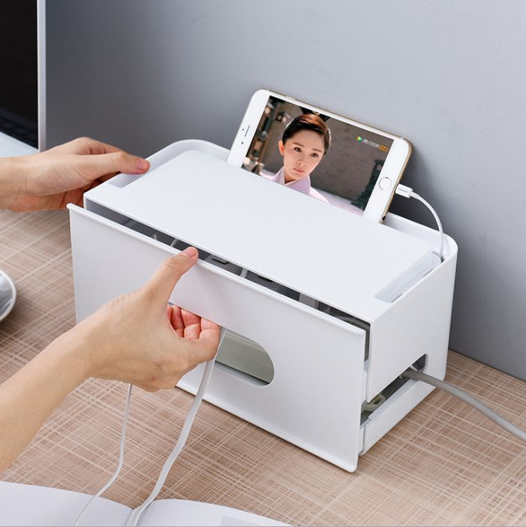 Pull-out desktop power cord storage and organization box, plastic power strip, power board and cable management box Specification image