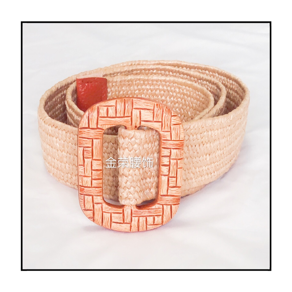 新款草编织松紧弹力腰带女皮带女圆方扣时尚休闲装饰百搭裤弹力腰白底实物图