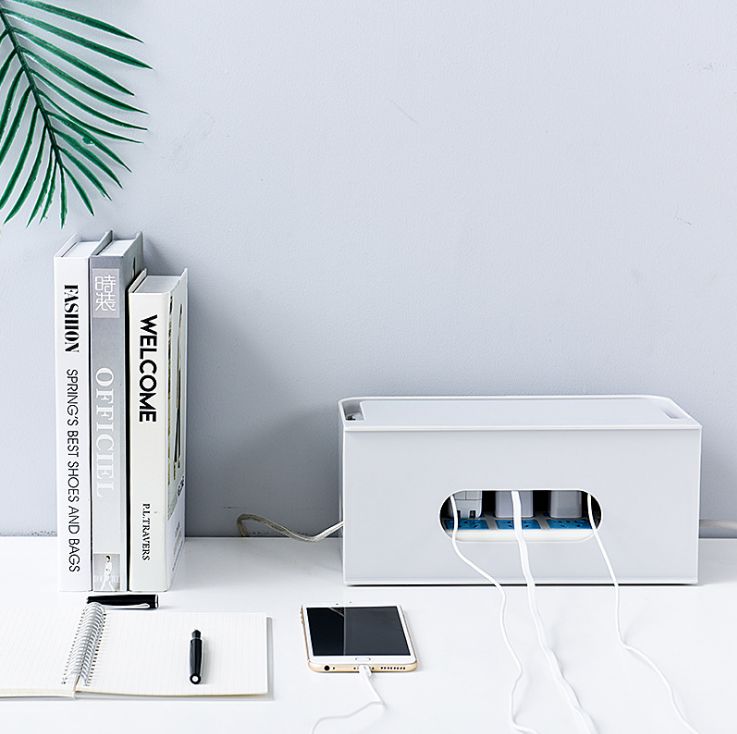Pull-out desktop power cord storage and organization box, plastic power strip, power board and cable management box Application Scenario