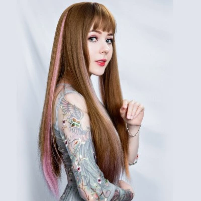 Colorful wig pieces for women's long hair, with gradient, invisible and seamless natural one-piece straight hair extension strips detail image 3