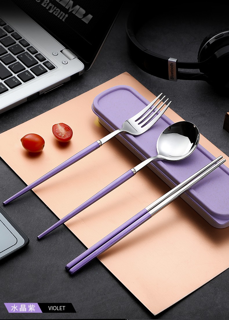 Portable Chopsticks Spoon Set Adult Children Tableware Three-Piece Stainless Steel Fork Single Student Storage Box undefined