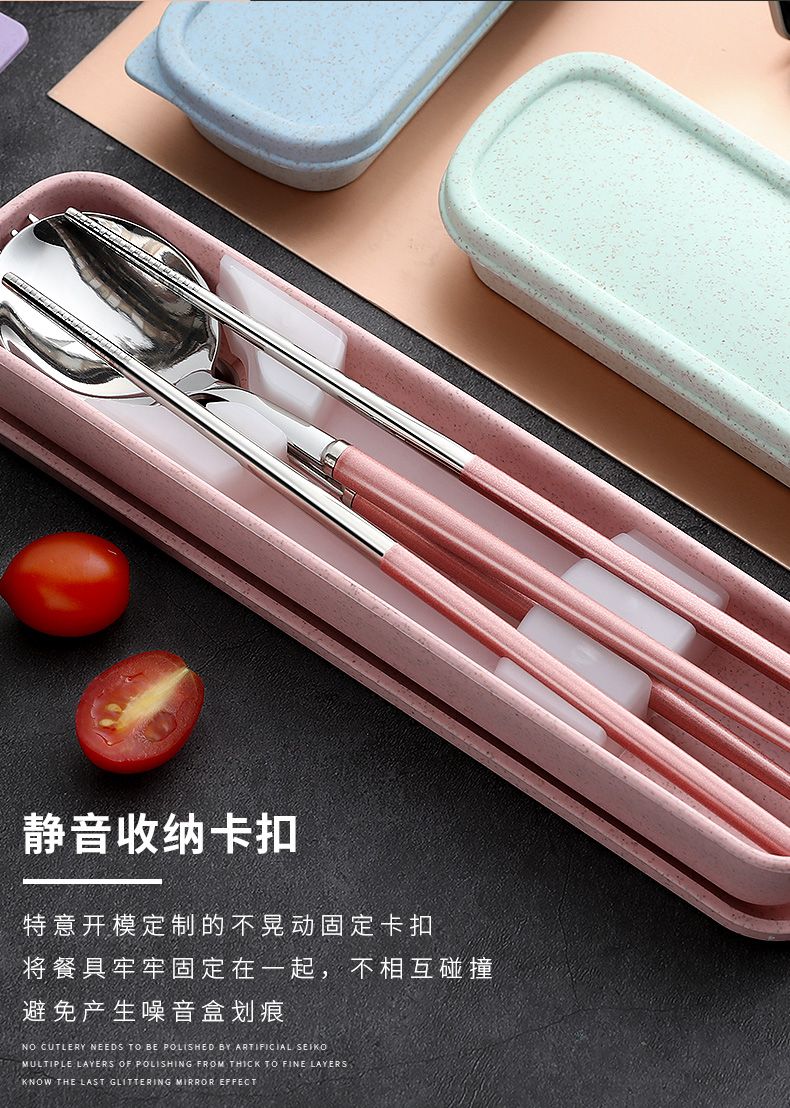 Portable Chopsticks Spoon Set Adult Children Tableware Three-Piece Stainless Steel Fork Single Student Storage Box details Picture
