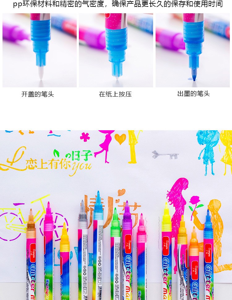 Cross-border exclusive, Guangna 740 Flash color signature Pen, 6-color fine pen size Highlighter, outline drawing marker pen pic 3