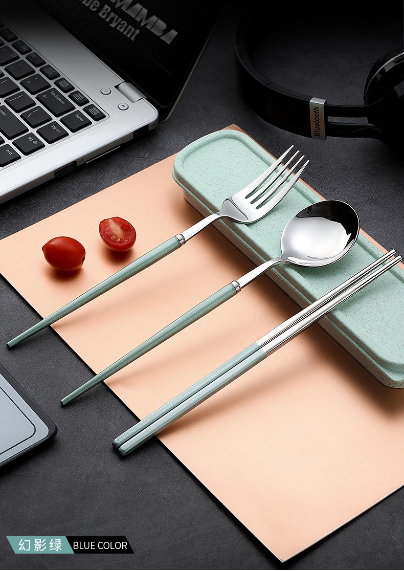 Portable Chopsticks Spoon Set Adult Children Tableware Three-Piece Stainless Steel Fork Single Student Storage Box Item Picture