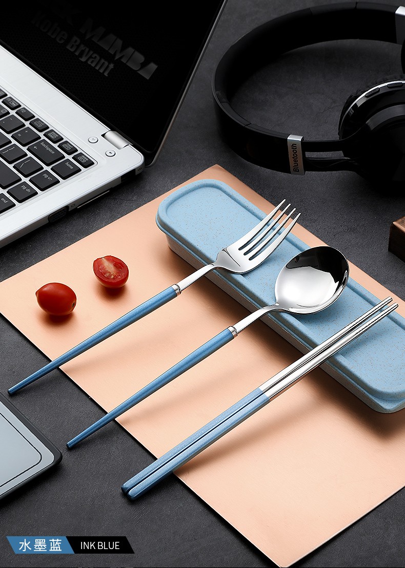Portable Chopsticks Spoon Set Adult Children Tableware Three-Piece Stainless Steel Fork Single Student Storage Box undefined