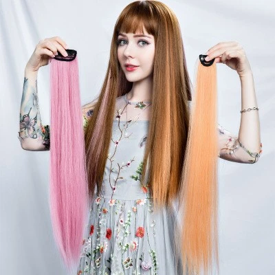 Colorful wig pieces for women's long hair, with gradient, invisible and seamless natural one-piece straight hair extension strips detail image 1