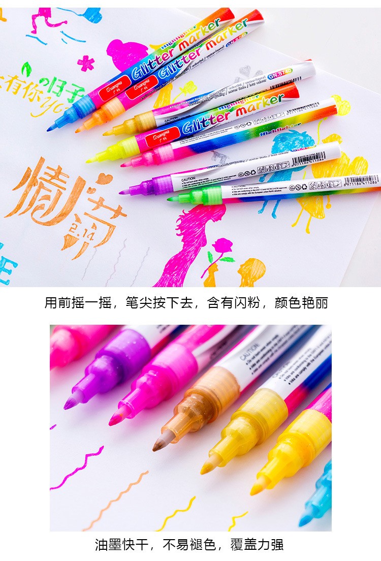Cross-border exclusive, Guangna 740 Flash color signature Pen, 6-color fine pen size Highlighter, outline drawing marker pen pic 4