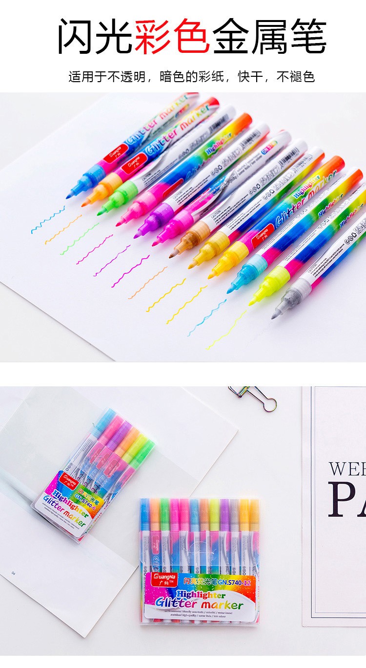 Cross-border exclusive, Guangna 740 Flash color signature Pen, 6-color fine pen size Highlighter, outline drawing marker pen pic 1