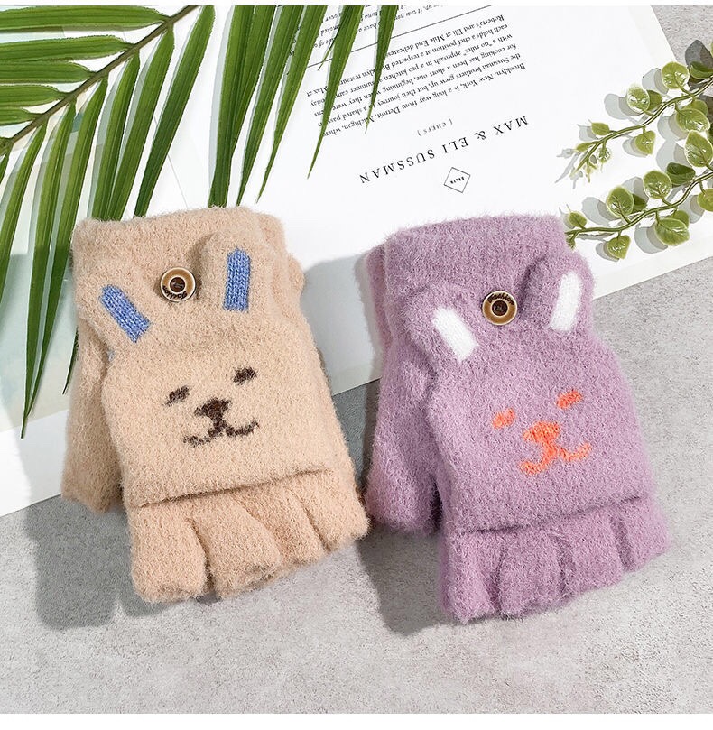 Student writing half-fingered flip-top gloves, plush and cute cat PAWS, girls' exposed fingered wool thick warm gloves details Picture