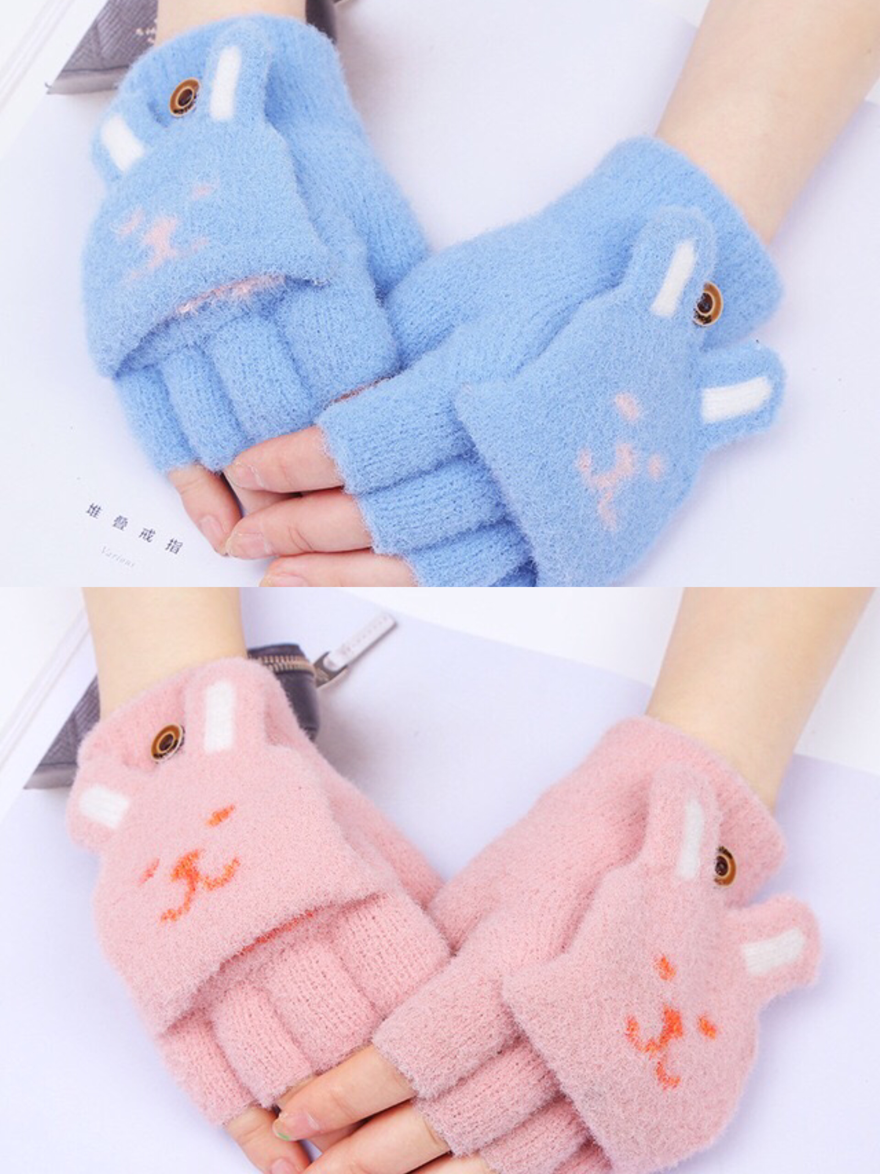 Student writing half-fingered flip-top gloves, plush and cute cat PAWS, girls' exposed fingered wool thick warm gloves undefined