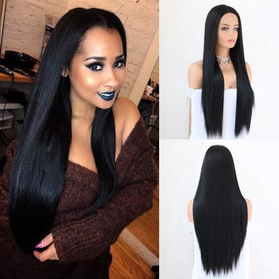 Nuevo estilo de alto grado rosa malla de fibra química cabello negro cabello recto corte medio cabello largo alta temperatura cabeza de seda