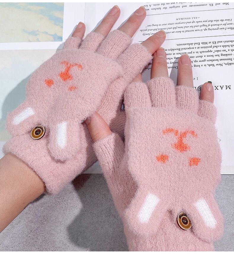 Student writing half-fingered flip-top gloves, plush and cute cat PAWS, girls' exposed fingered wool thick warm gloves Item Picture