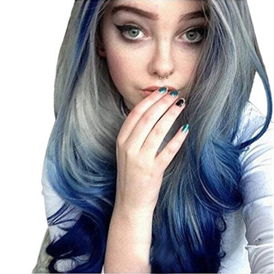 New European and American fashion women's blue, gray-blue gradient mid-parted long curly hair detail image 2