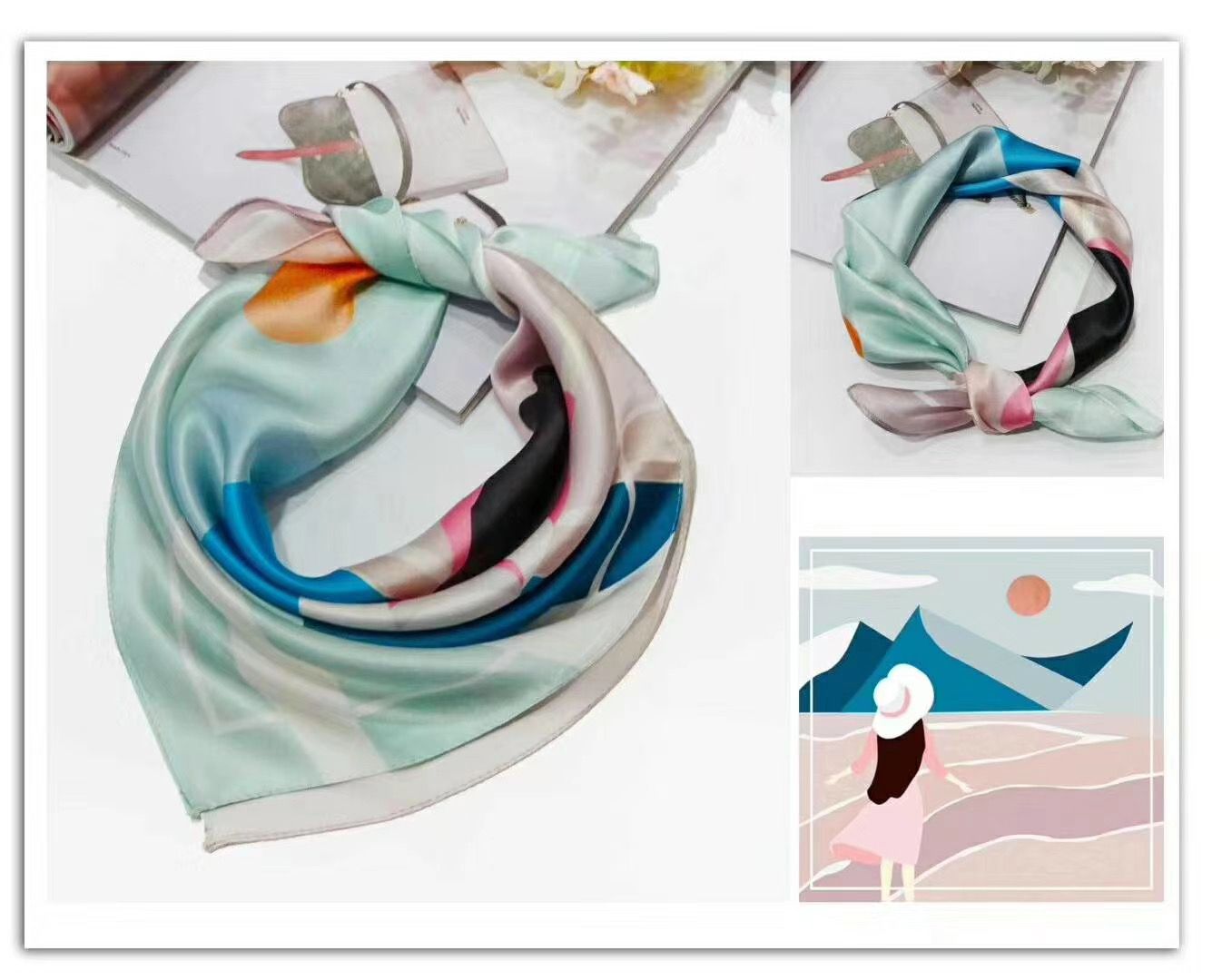 Blue silk square shawl shawl.