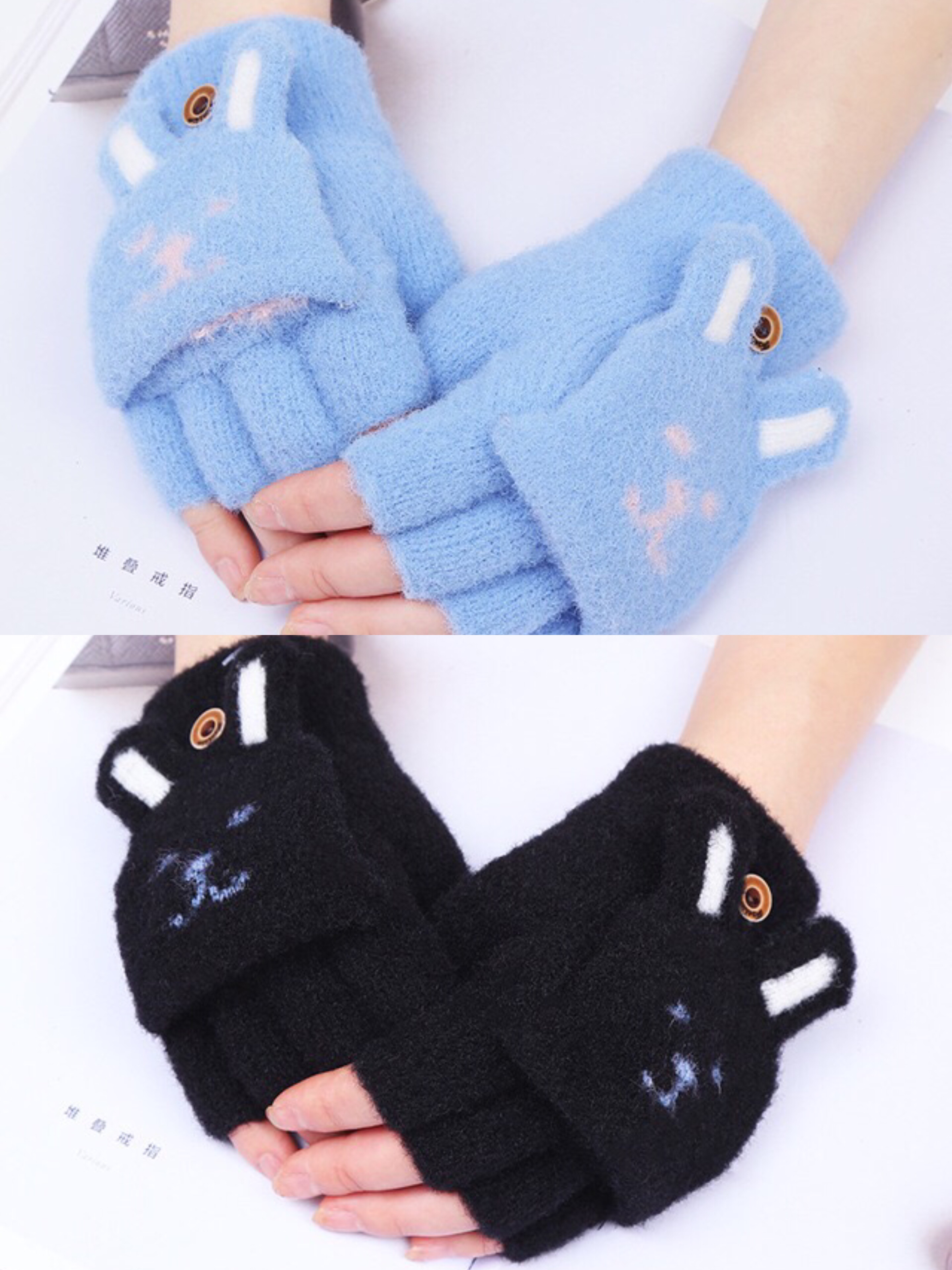 Student writing half-fingered flip-top gloves, plush and cute cat PAWS, girls' exposed fingered wool thick warm gloves undefined