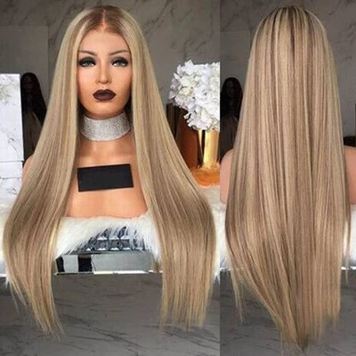 New mid-parted long straight hair European and American wig with dyed gradient, fashionable women's wig detail image 1