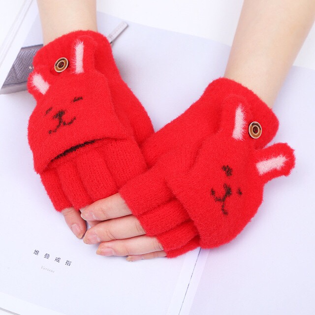 Student writing half-fingered flip-top gloves, plush and cute cat PAWS, girls' exposed fingered wool thick warm gloves undefined