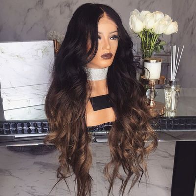A popular black, bleached, gradient, middle-parted, and long wavy wig for women in Europe and America details Picture