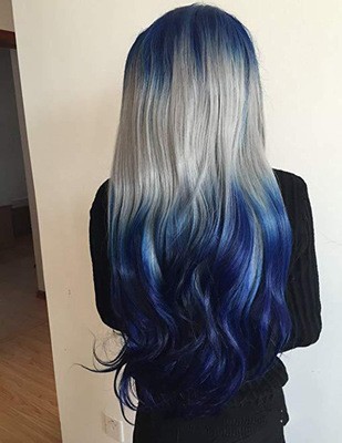 New European and American fashion women's blue, gray-blue gradient mid-parted long curly hair detail image 3