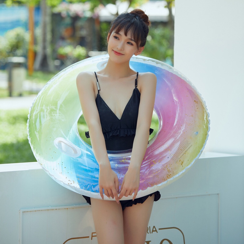 厂家直销 亮片游泳圈透明 彩虹泳圈成人 儿童泳圈 水上充气救生圈01产品图