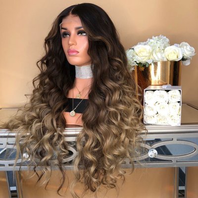 A popular mid-parted long curly hair in Europe and America, a new Halloween synthetic fiber mixed wig with brown gradient dyeing details Picture