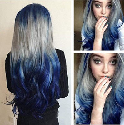 New European and American fashion women's blue, gray-blue gradient mid-parted long curly hair detail image 1