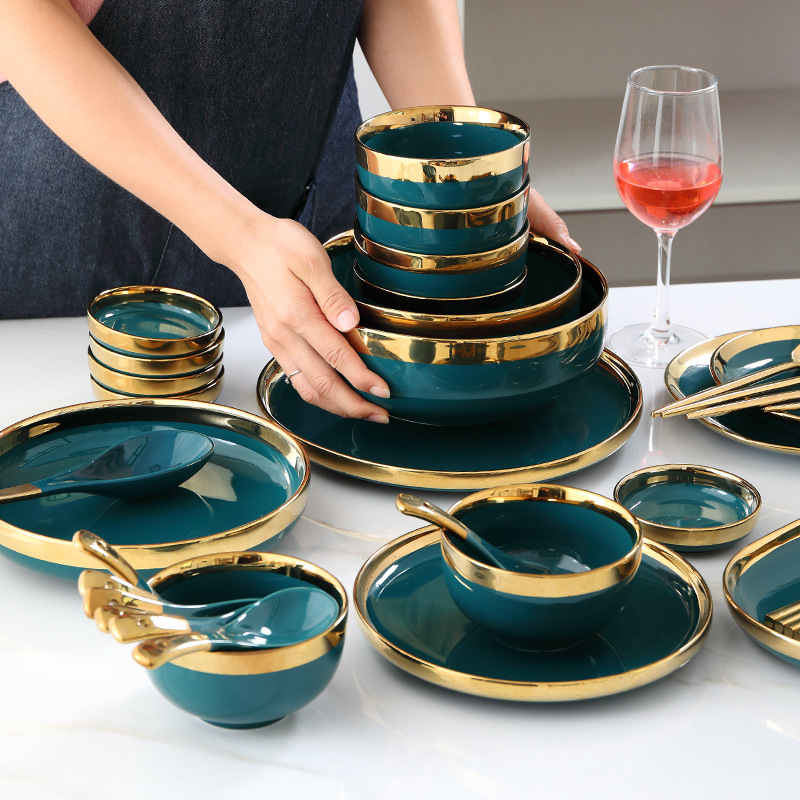 北欧轻奢墨绿色金边盘菜盘家用盘子深盘餐盘碗碟陶瓷餐具碗碟