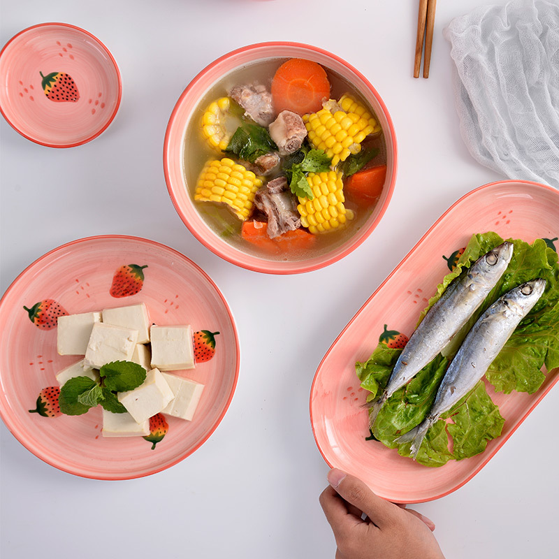 草莓餐具陶瓷碗盘碗碟套装家用情侣饭碗可爱单个简约组合圆形餐具详情图7