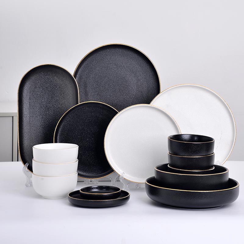 日式陶瓷餐具餐盘饭碗汤盘磨砂陶瓷黑色白色