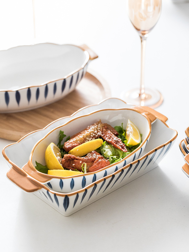 Ceramic double-ear baking tray, cheese rice baking tray, oven bowl, microwave suitable salad bowl detail image 5