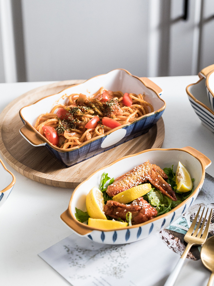 Ceramic double-ear baking tray, cheese rice baking tray, oven bowl, microwave suitable salad bowl undefined