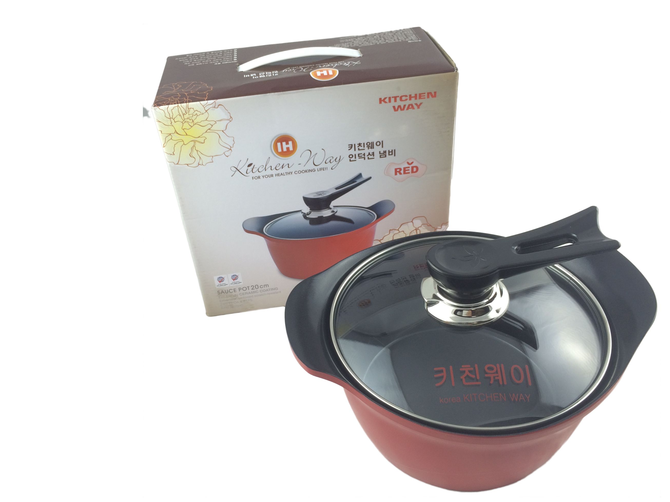 Cocina código corea original importado rojo universal tapa de vidrio doble mango olla de sopa 20cm - 8