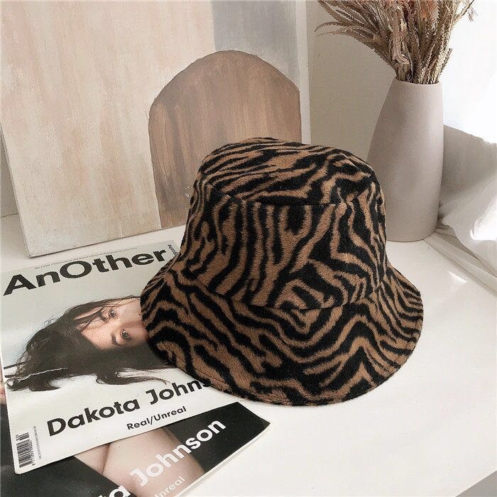 Autumn and winter zebra-striped fisherman hat in dark coffee thumbnail