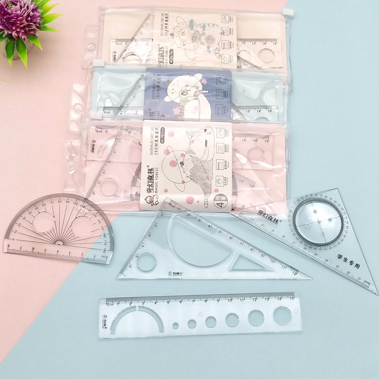 Factory direct sales of multi-functional ruler sets, transparent ruler sets, ruler protractors, set triangles, four-piece sets detail image 3