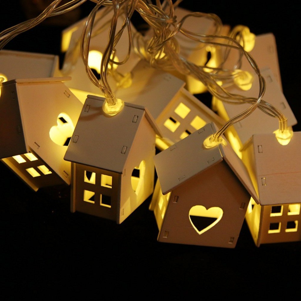 New 10-LED wooden house light string in stock, creative colored led festival decoration, warm White House light string detail image 1