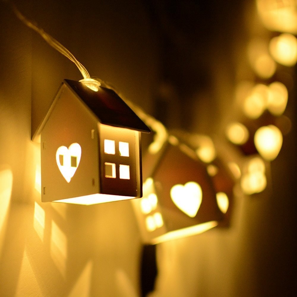 New 10-LED wooden house light string in stock, creative colored led festival decoration, warm White House light string detail image 2